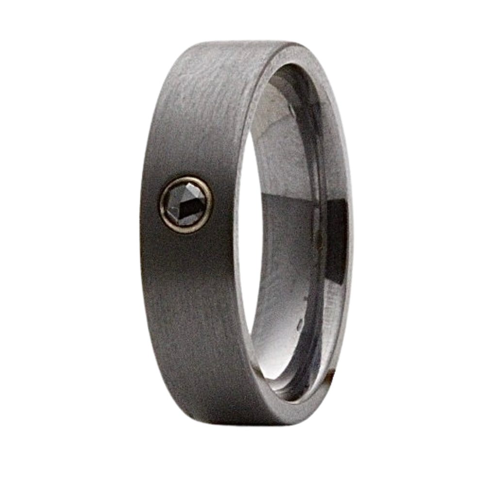 6mm Tantalum Satin Men's Wedding Band - Black Diamond and 14K Yellow Gold Bezel Design by Heavy Stone Rings