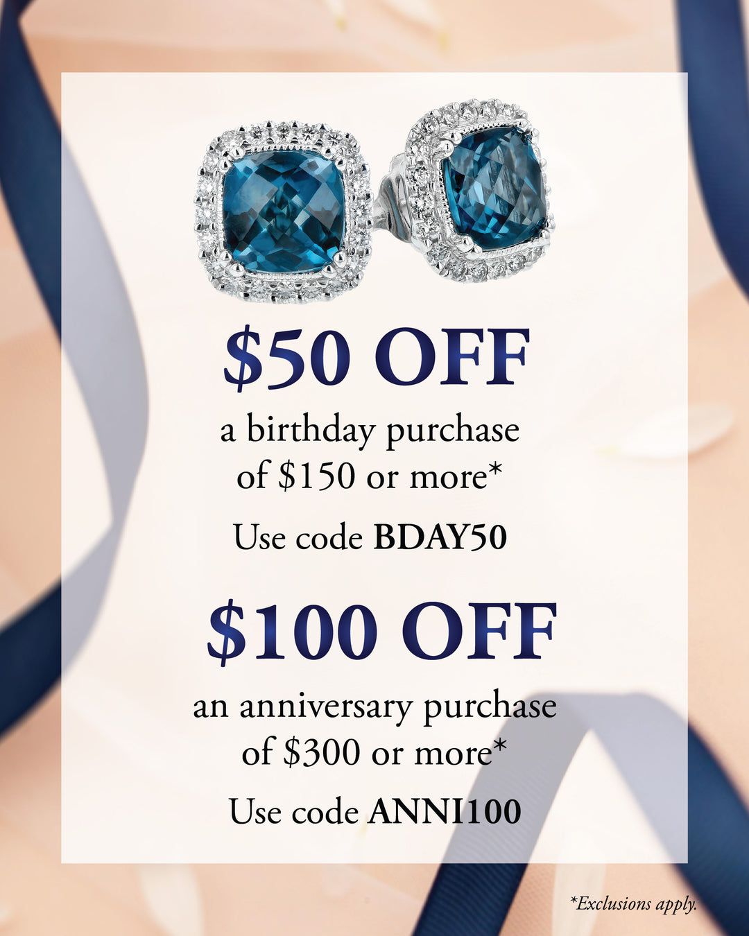 Promotional offer for jewelry with blue gemstones on a white background