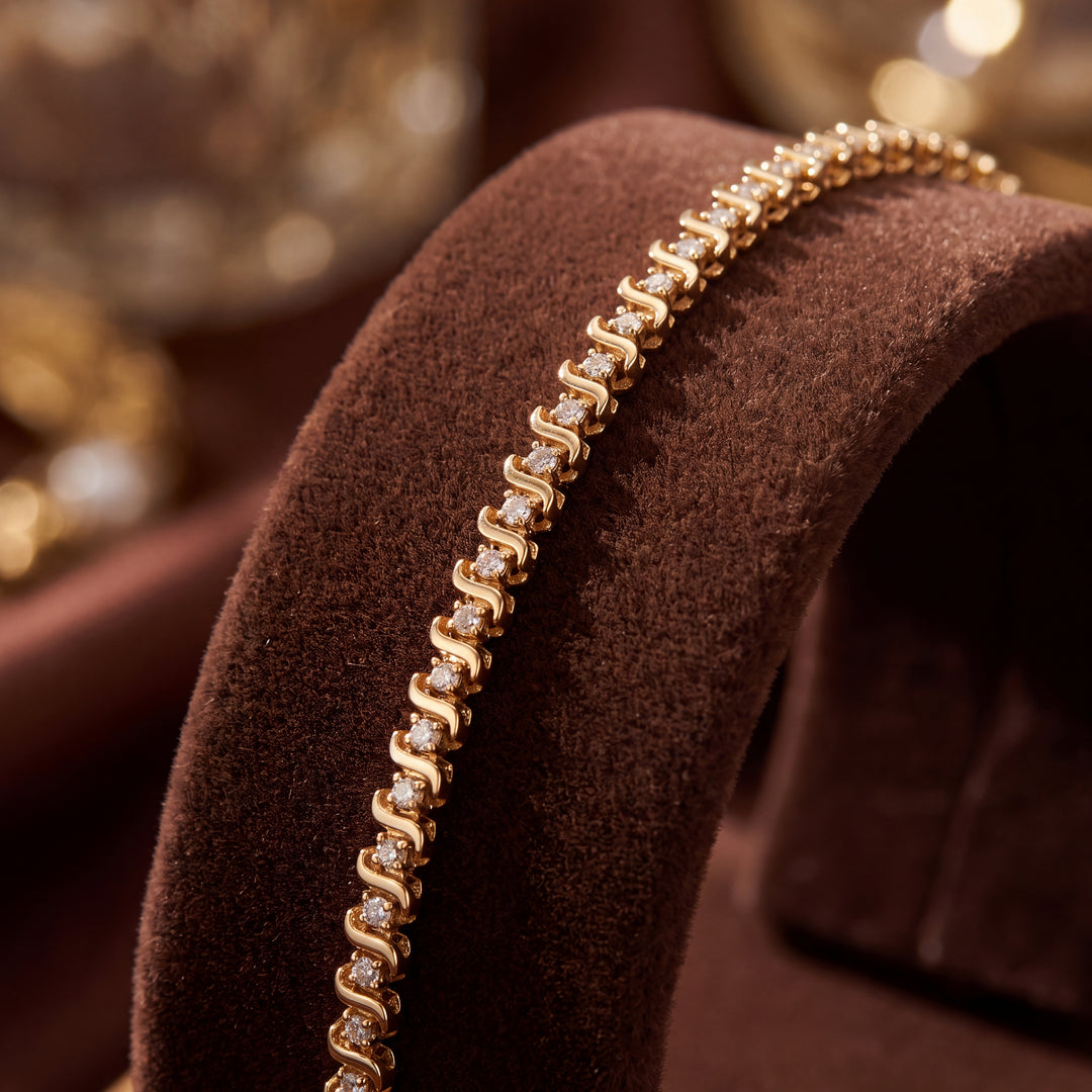 Estate 14KT Yellow Gold Diamond S-Link Bracelet, Vintage