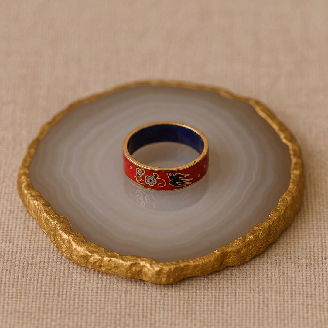 Estate 1970s Gold Tone Orange & Multicolor Enamel Bird & Flower Ring