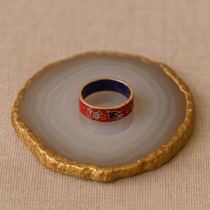 Estate 1970s Gold Tone Orange & Multicolor Enamel Bird & Flower Ring