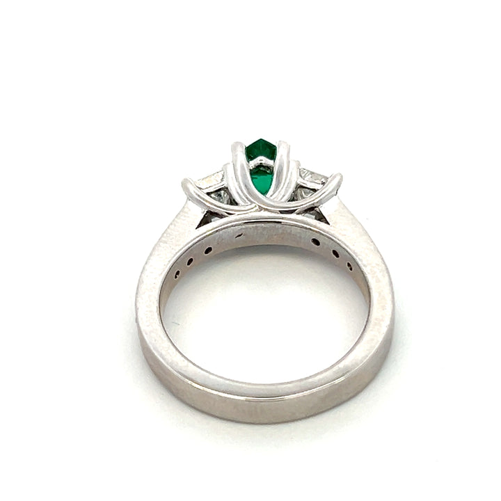 Estate 14K White Gold Lab Created Heart Emerald & Diamond Three Stone Ring