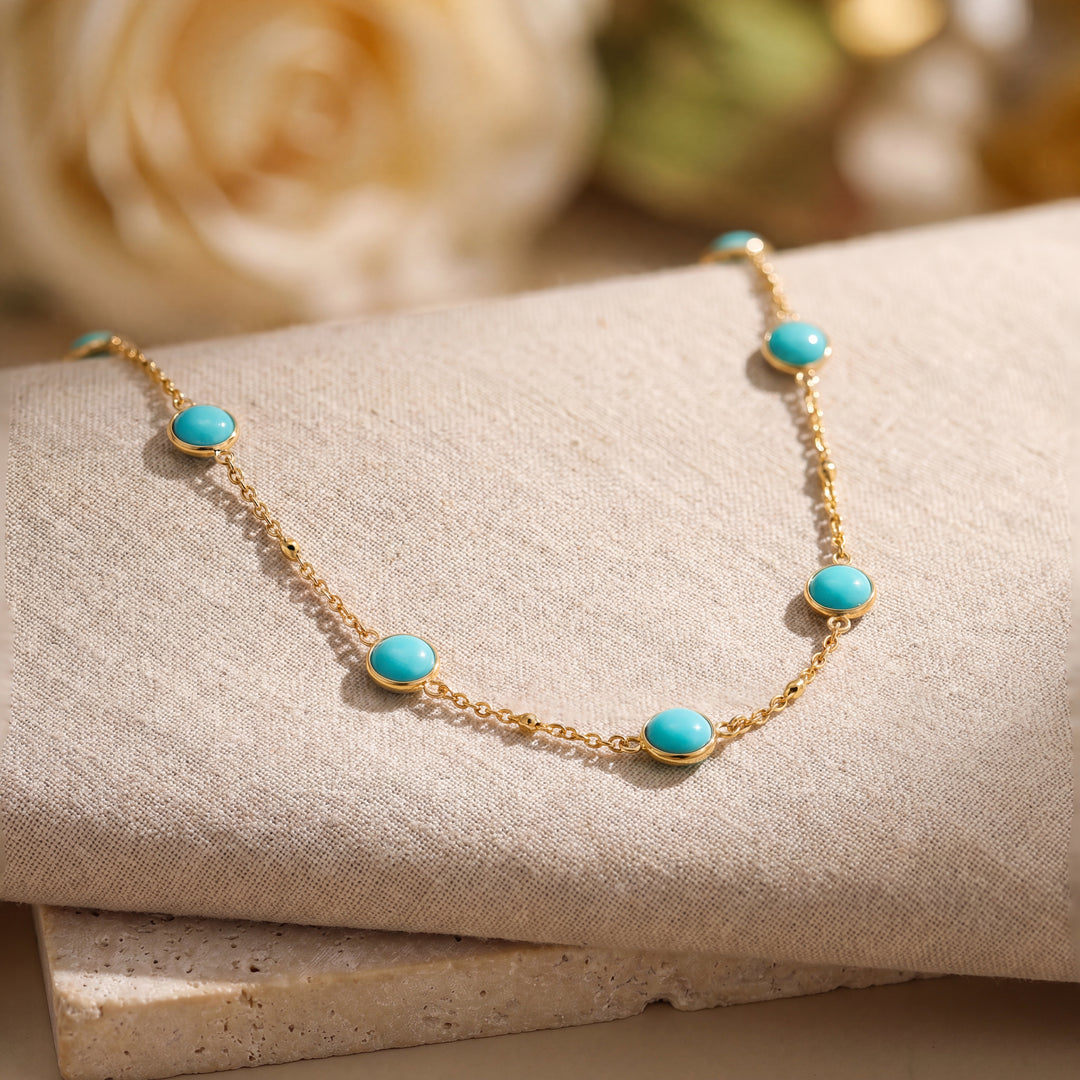Estate Effy 14K Yellow Gold Cabochon Turquoise & Diamond Station Necklace