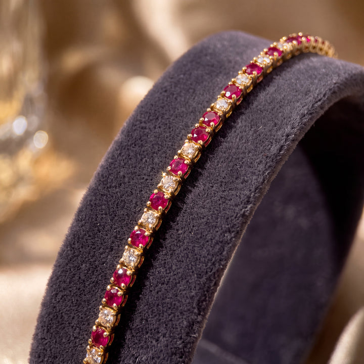Estate 14K Yellow Gold Round Brilliant Ruby & Diamond Line Bracelet