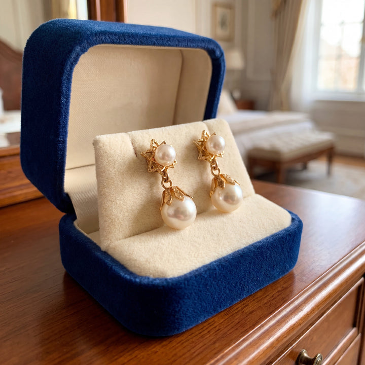 Estate 14K Yellow Gold Cultured Pearl Vintage Drop Earrings