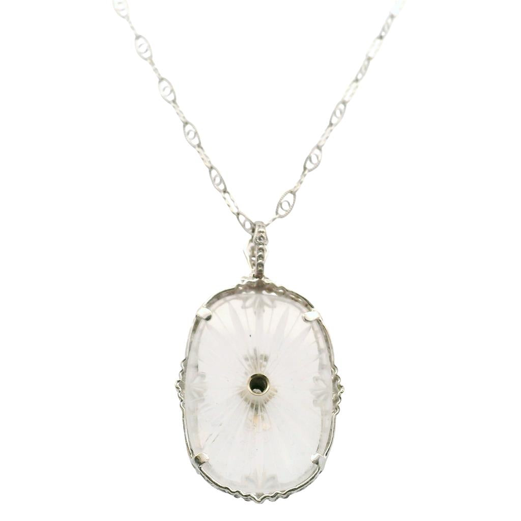 Estate 14K White Gold Art Deco Rock Crystal Diamond Pendant Necklace