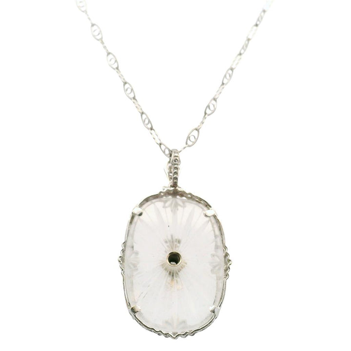 Estate 14K White Gold Art Deco Rock Crystal Diamond Pendant Necklace