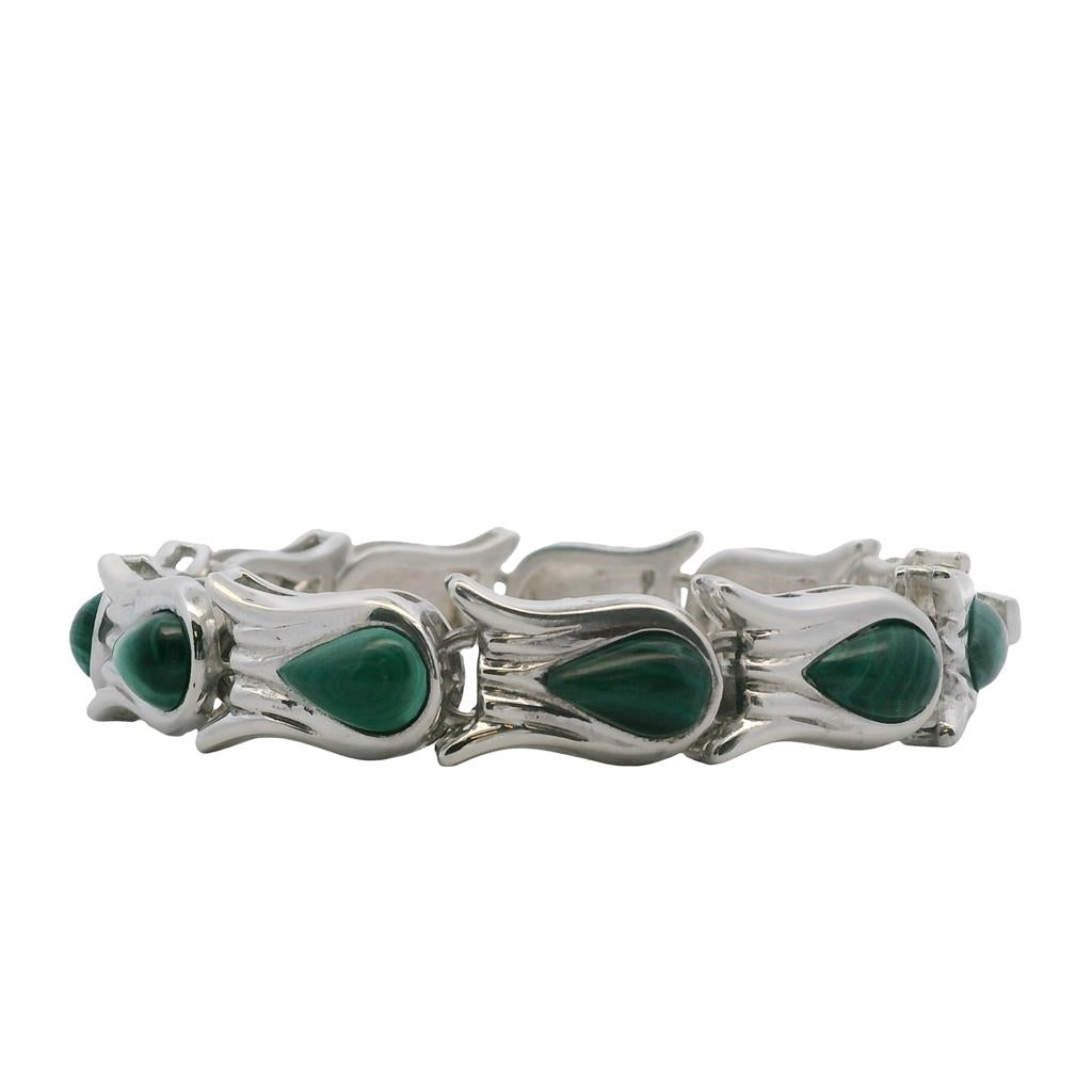 Estate Sterling Silver Pear Shaped Malachite Link Bracelet