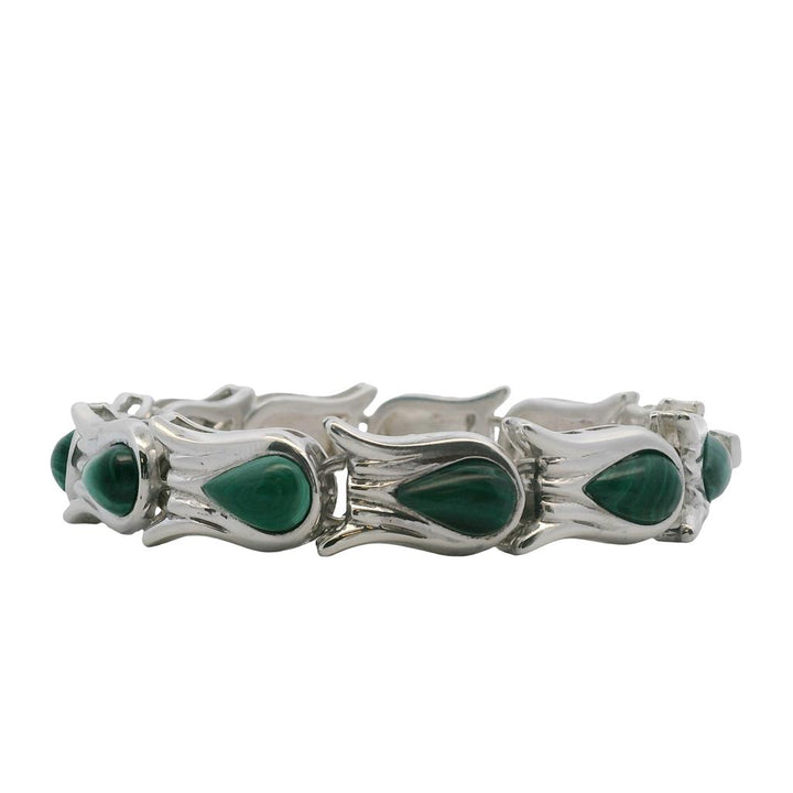 Estate Sterling Silver Pear Shaped Malachite Link Bracelet