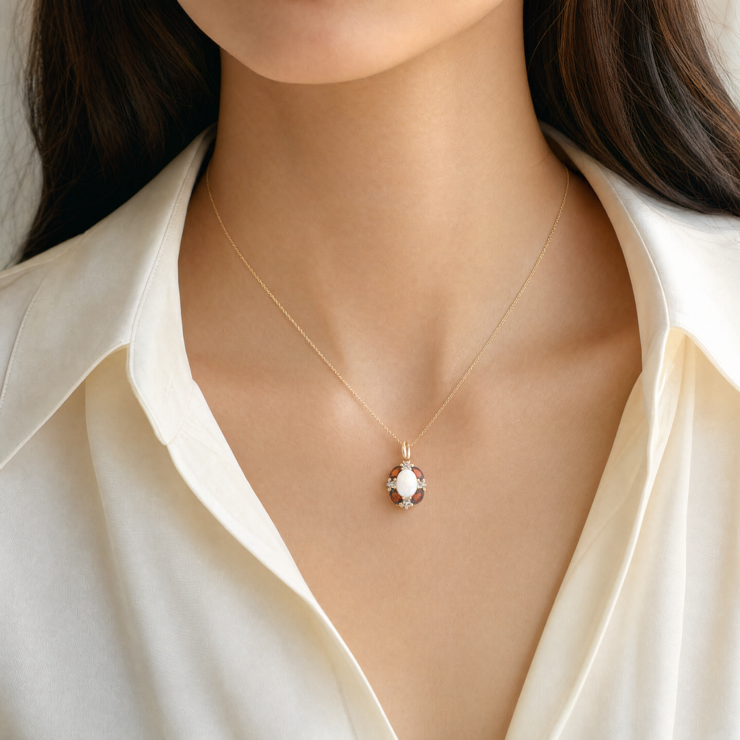 Estate 10KT Yellow Gold Opal, Garnet & Diamond Pendant