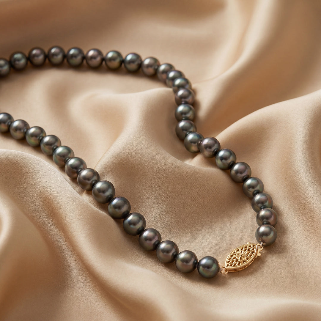 Estate 14K Yellow Gold 6.8MM Cultured Grey Pearl Strand Necklace