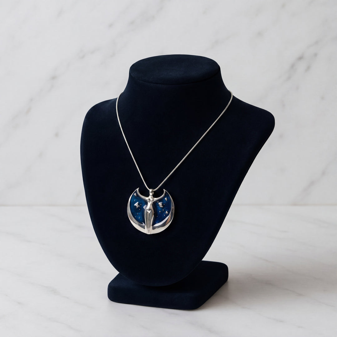 Estate Oberon Zell Sterling Silver Blue Enamel "Astra Star Goddess" Pendant Necklace