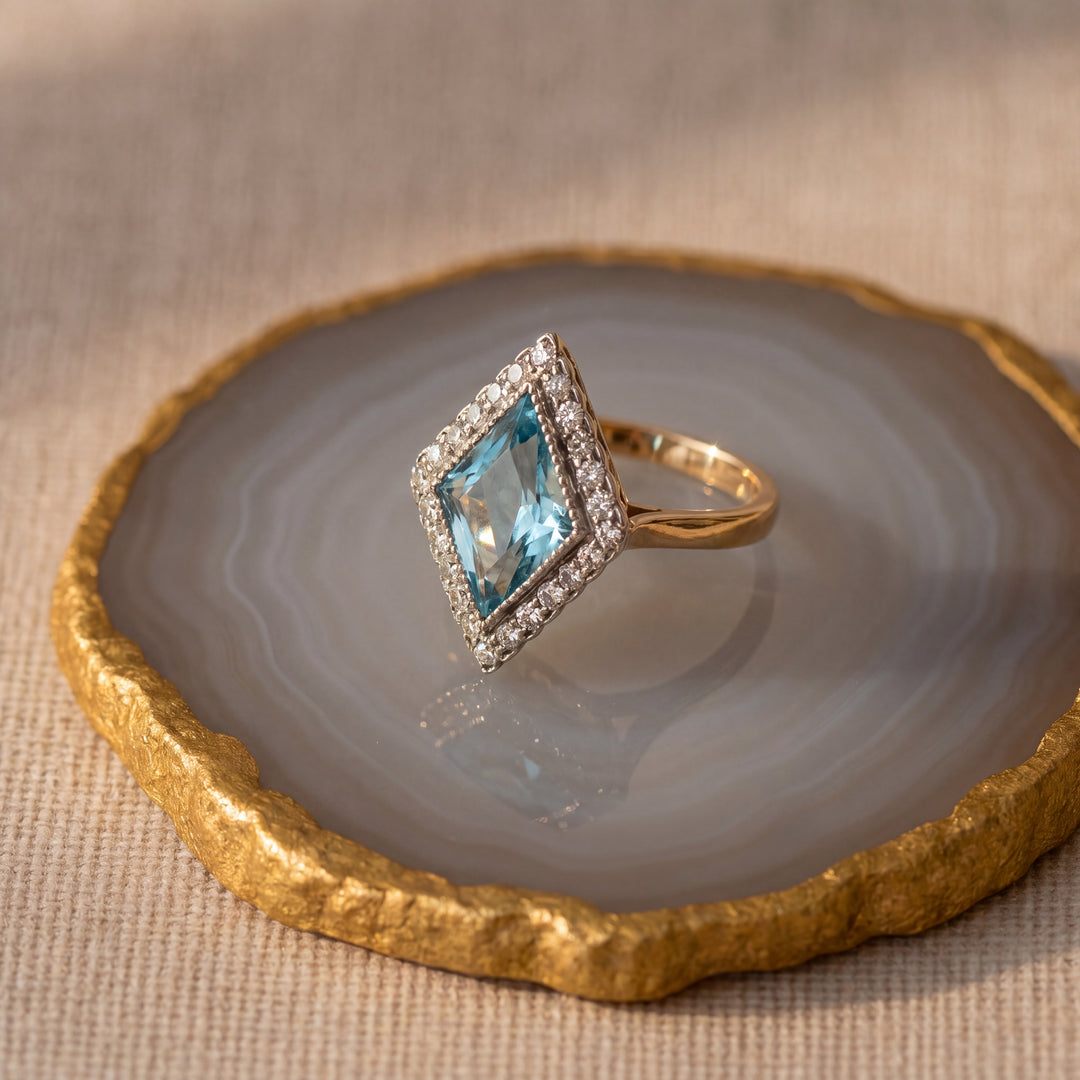 Estate 18K & Platinum Lozenge Aquamarine & Diamond Halo Edwardian Ring by Tiffany & Co.