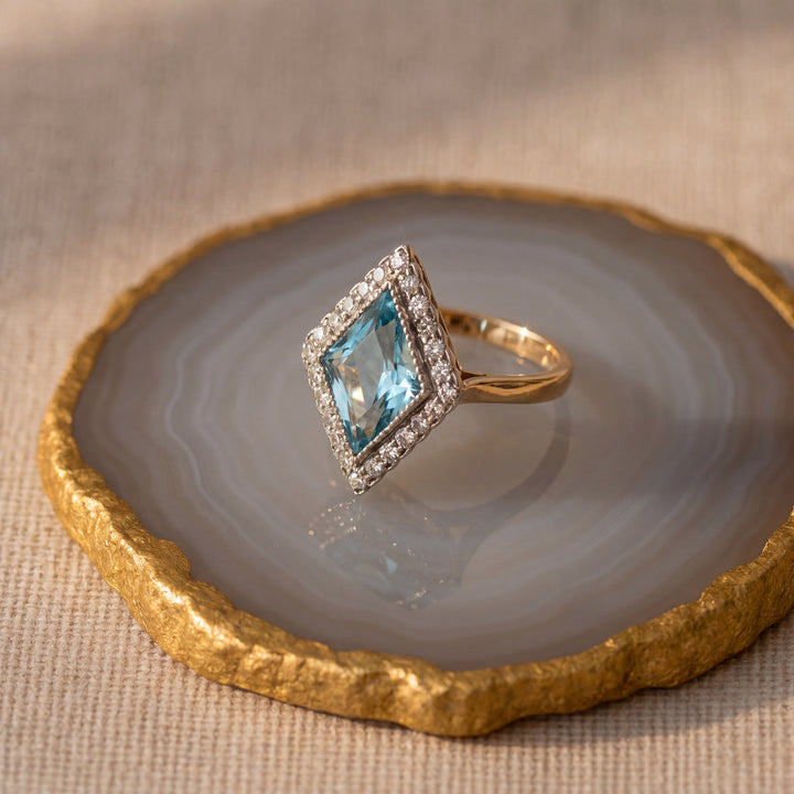 Estate 18K & Platinum Lozenge Aquamarine & Diamond Halo Edwardian Ring by Tiffany & Co.