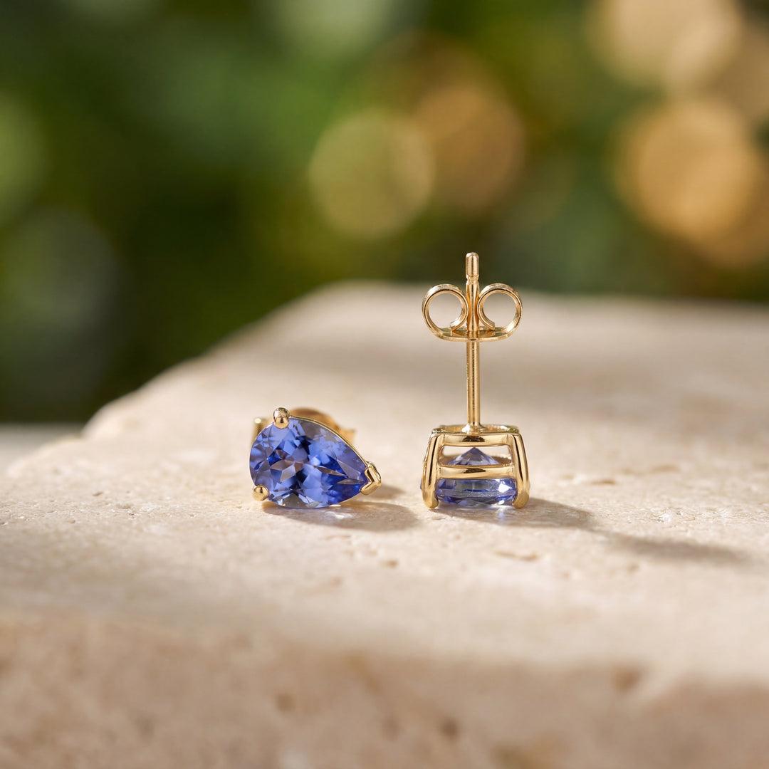 Estate 14K Yellow Gold Pear-Cut Tanzanite Solitaire Stud Earrings