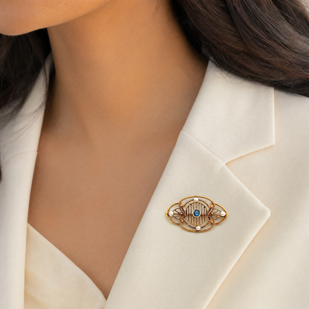 Estate Edwardian 14K Yellow Gold Blue Sapphire & Seed Pearl Filigree Brooch