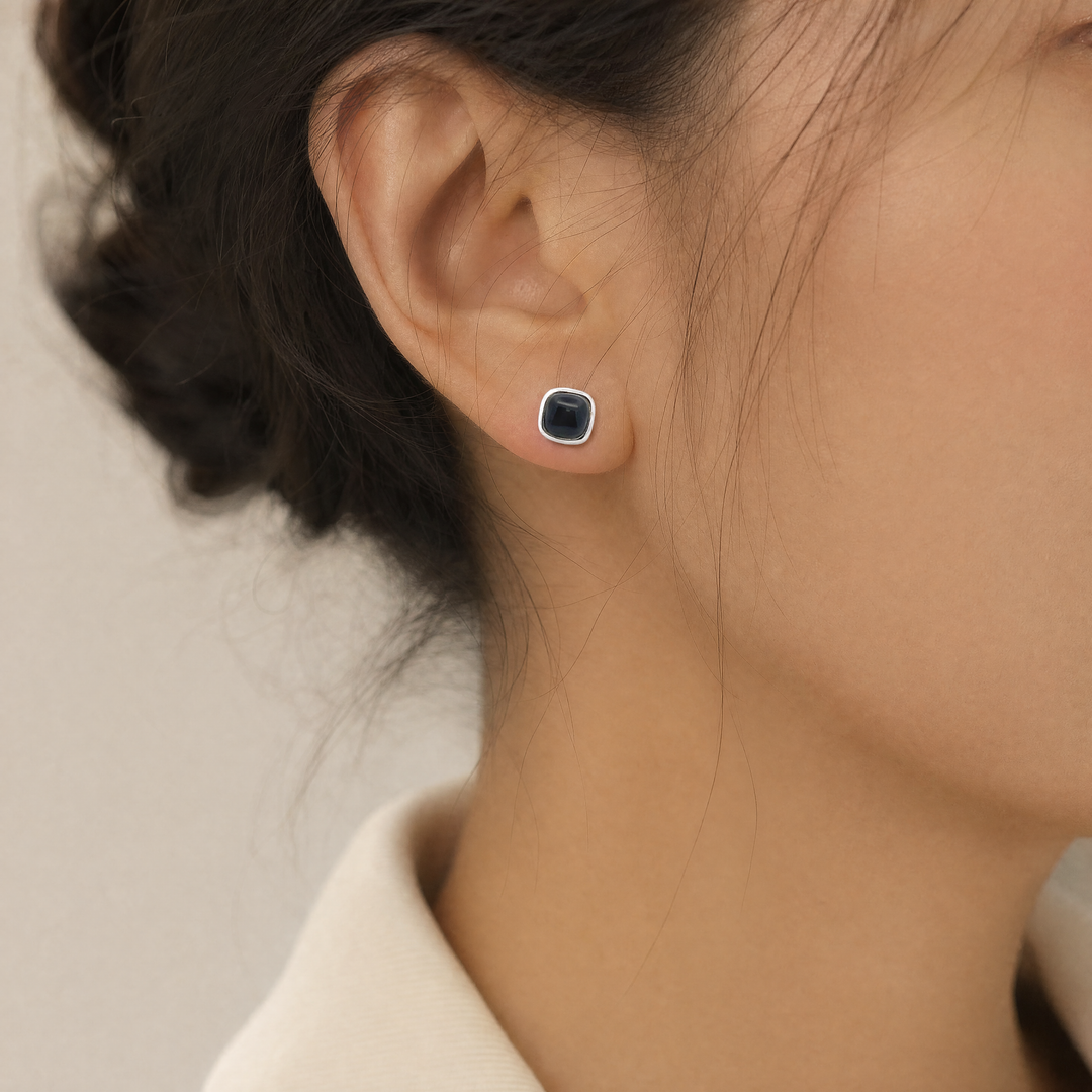 Estate Sterling Silver Square Cabochon Black Onyx Stud Earrings