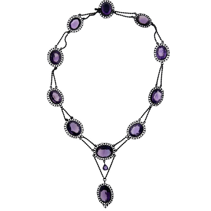 Antique Sterling Silver Amethyst Festoon Necklace - Victorian Gemstone Statement Piece