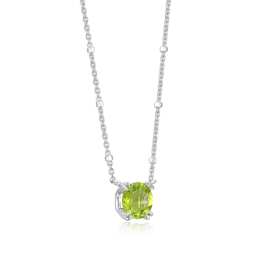 Sterling Silver Rhodium Plated Round Peridot Sparkle Solitaire with 18" Chain