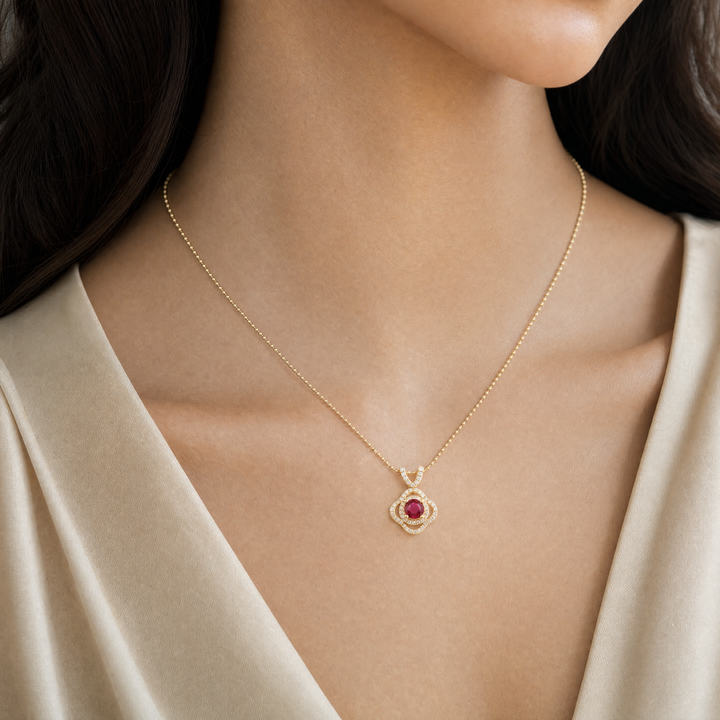 Estate 14KT Yellow Gold Round Ruby & Diamond Cluster Pendant