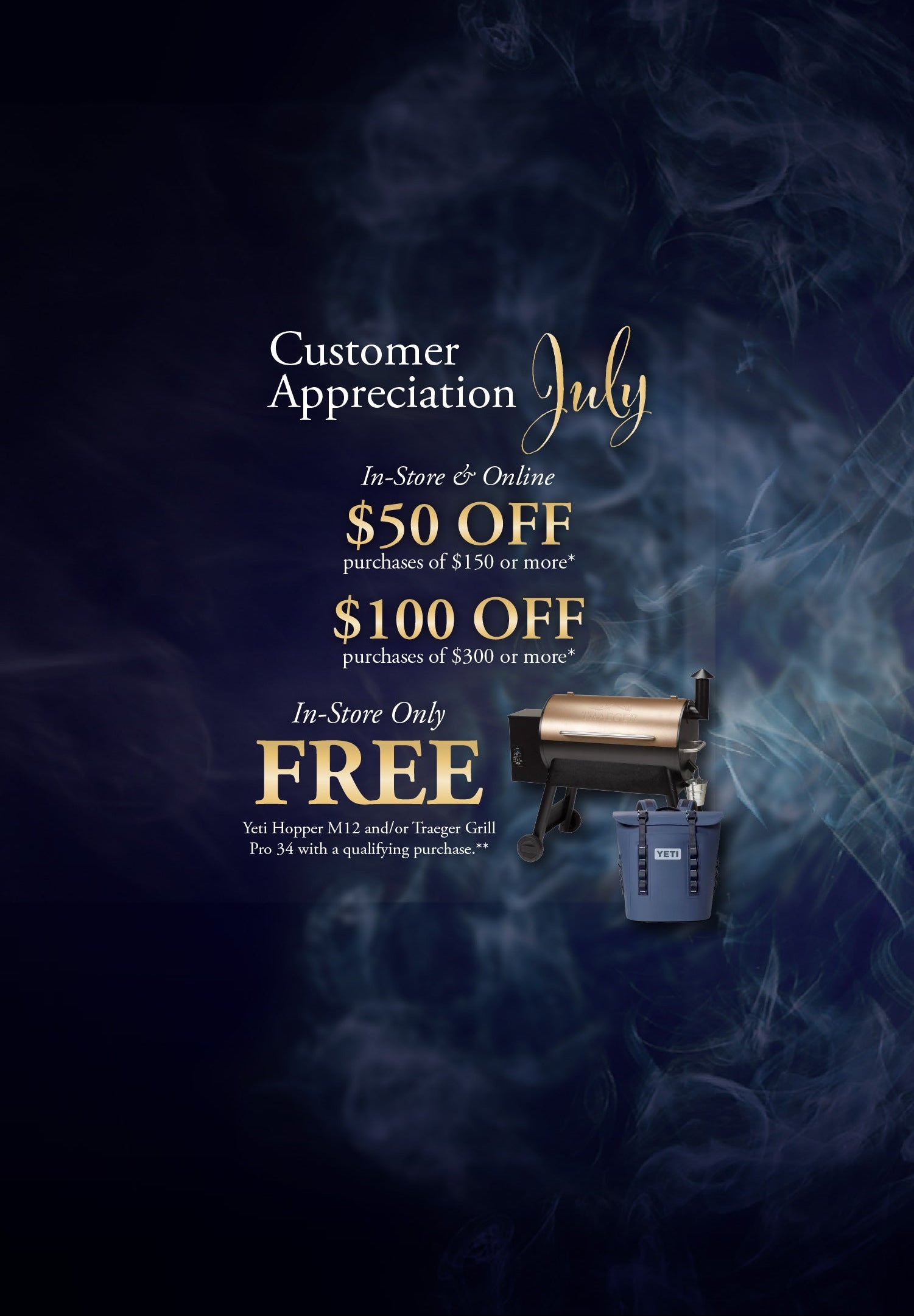 Promotional flyer for customer appreciation with discounts and a free item offer on a dark background with smoke effects.