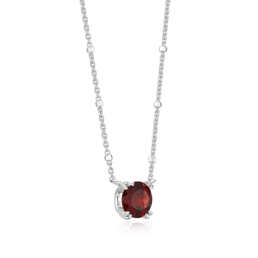 Sterling Silver Rhodium Plated Round Garnet Sparkle Solitaire with 18" Chain