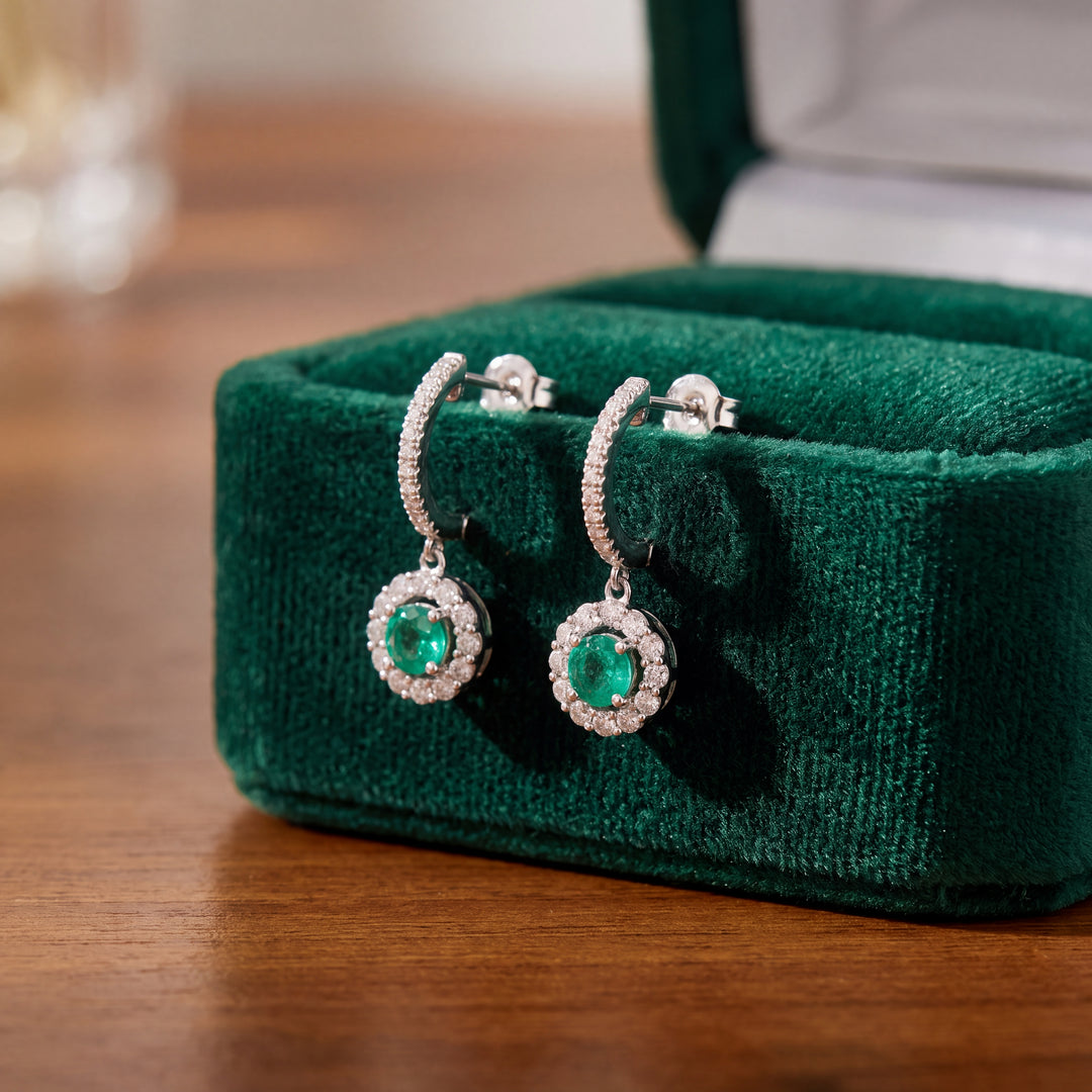 Estate 14K White Gold 1.01CTW Emerald & Diamond Halo Drop Earrings