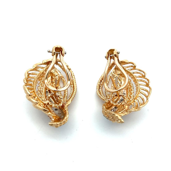 Estate 14K Two Tone Gold 0.20ctw Diamond Feather Stud Earrings