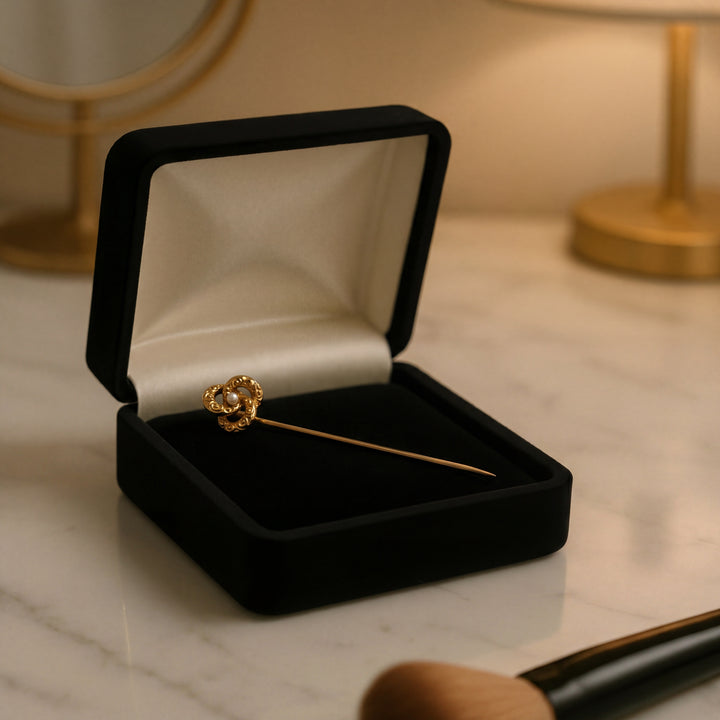 Estate 14K Yellow Gold Victorian Knot & Seed Pearl Stick Pin