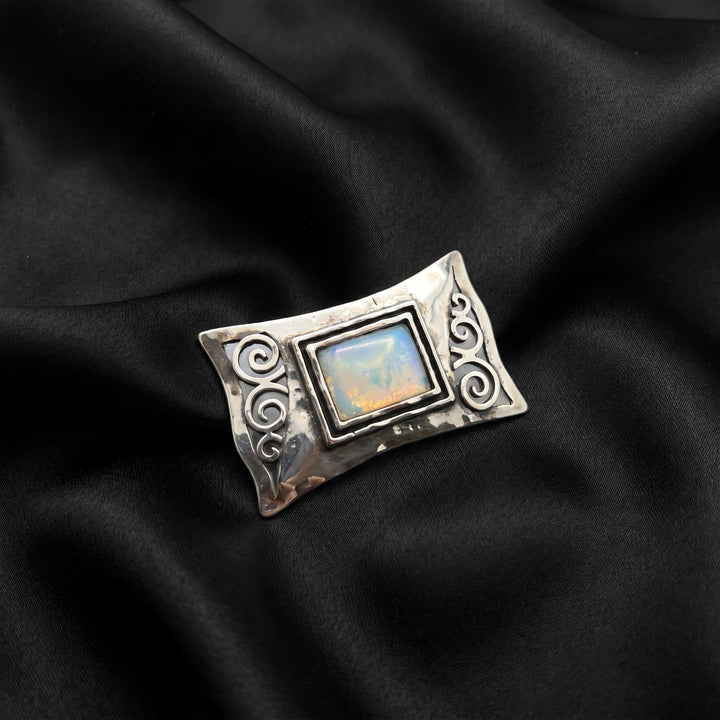Estate Sterling Silver Faceted Rectangle Opalite Glass Scroll Brooch