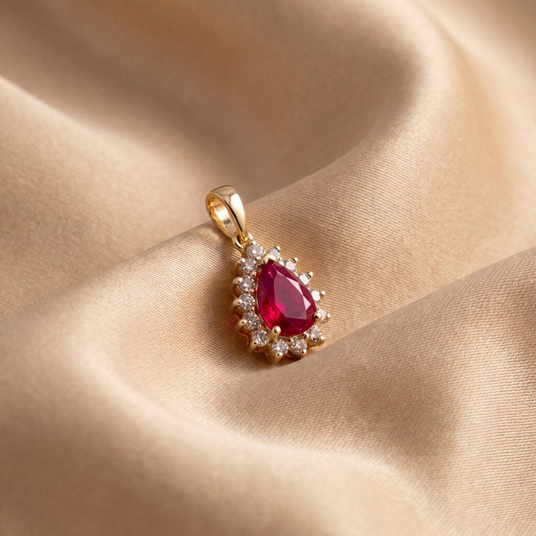 Estate 14K Yellow Gold Pear Cut Ruby & Diamond Halo Pendant