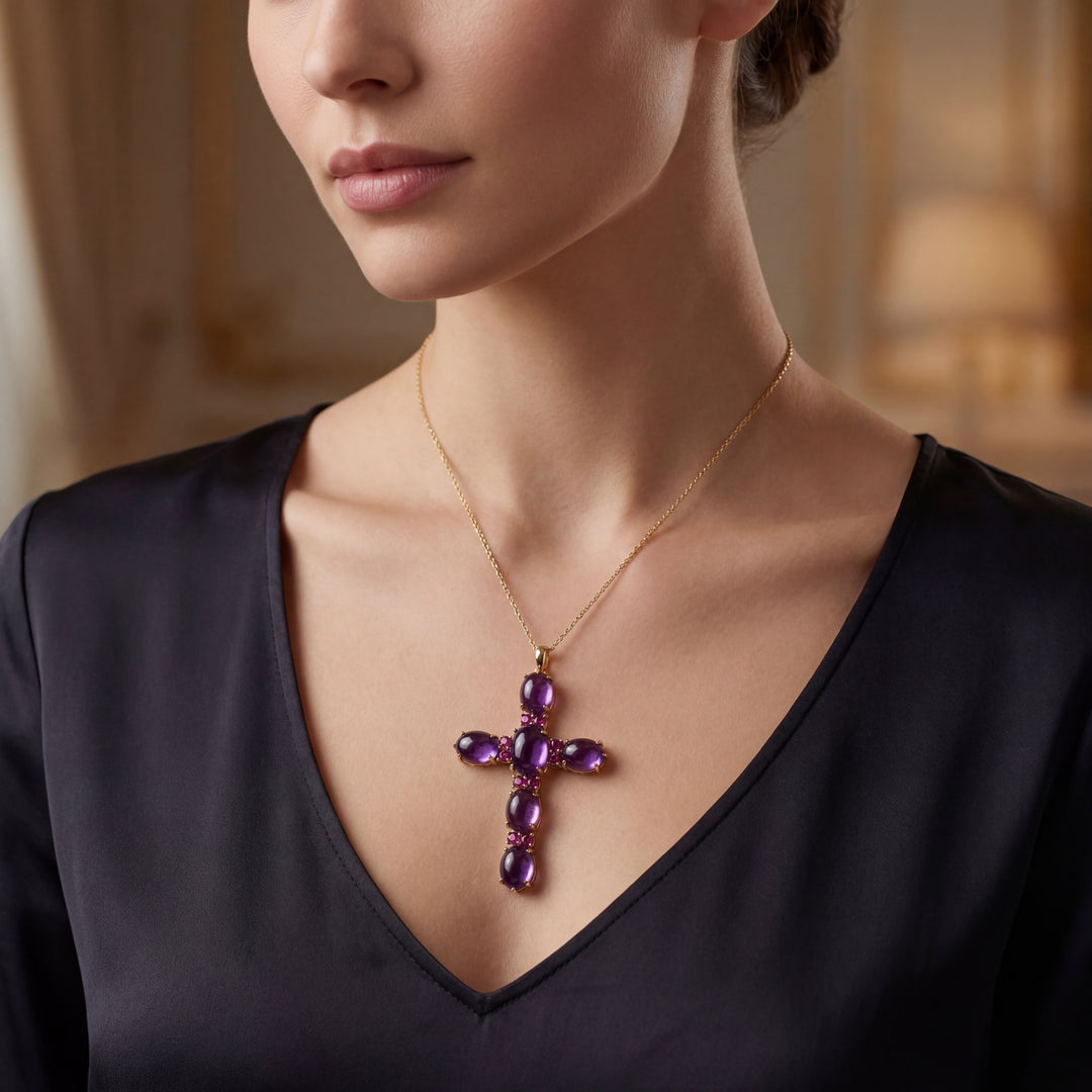 Estate 18K Yellow Gold 61.9TCW Amethyst & Pink Tourmaline Victorian Cross Pendant