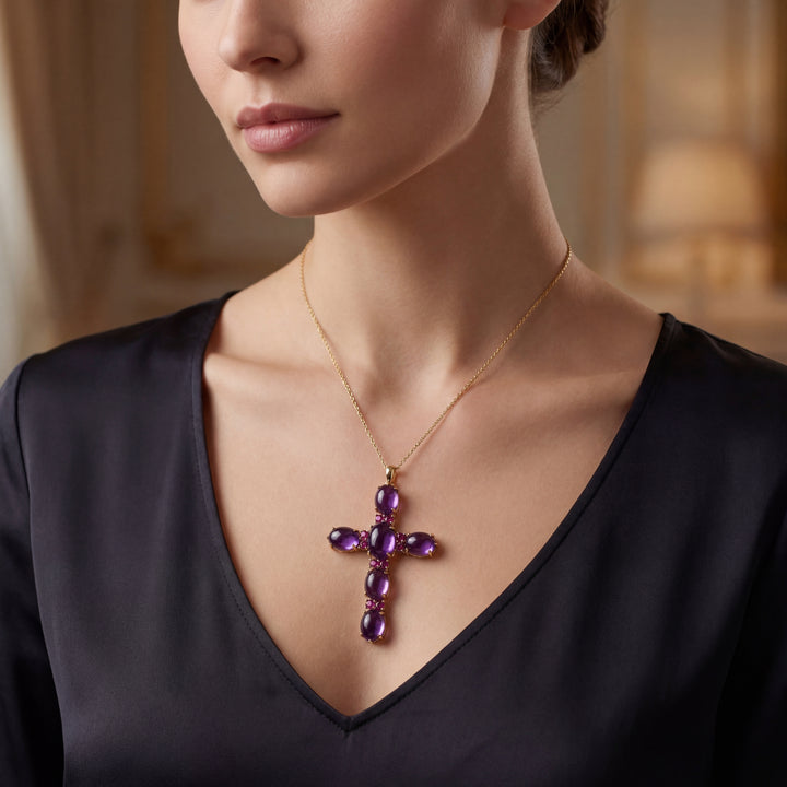 Estate 18K Yellow Gold 61.9TCW Amethyst & Pink Tourmaline Victorian Cross Pendant