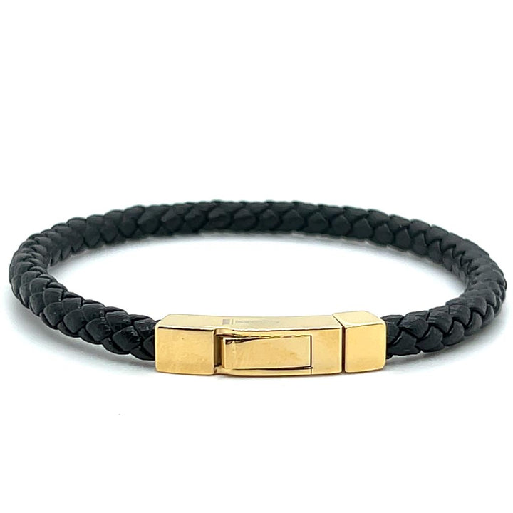 Gold IP Stainless Steel Black Leather Box Clasp Bracelet by Italgem