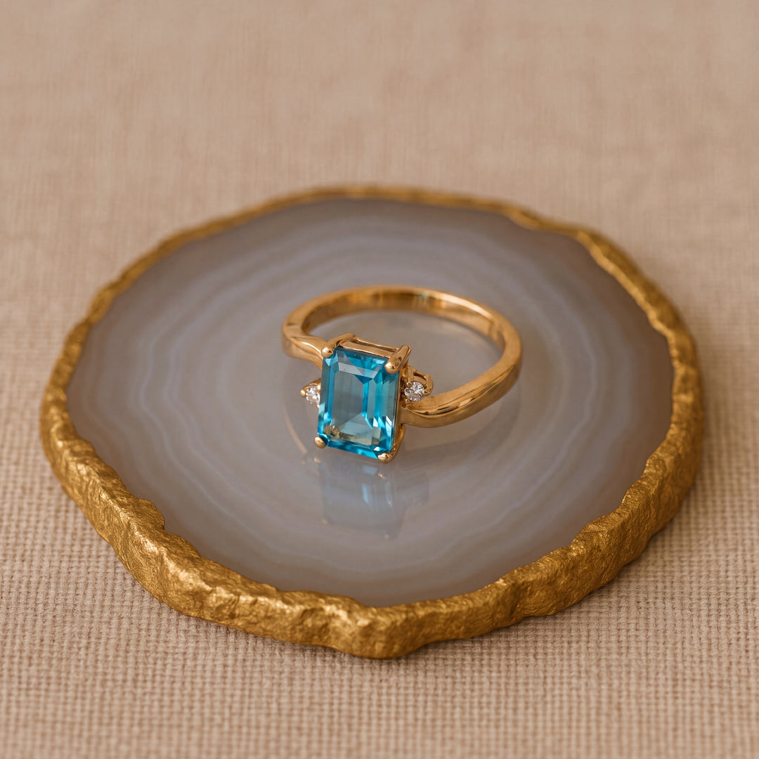 Estate 14K Yellow Gold Emerald Cut Blue Topaz & Diamond Bypass Ring