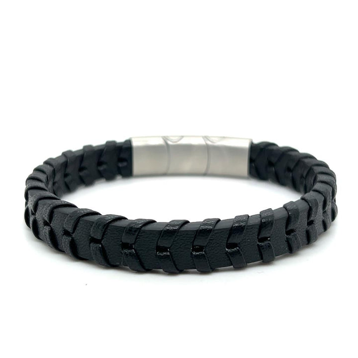 Stainless Steel Black Leather Braided Bracelet by Italgem