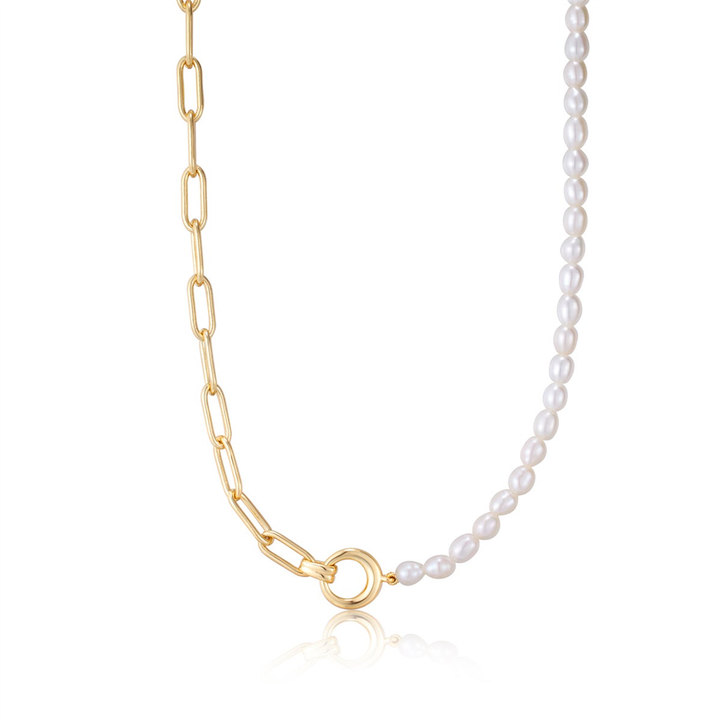 Gold Plated Pearl Strand & Paperclip Chain Necklace by Ania Haie