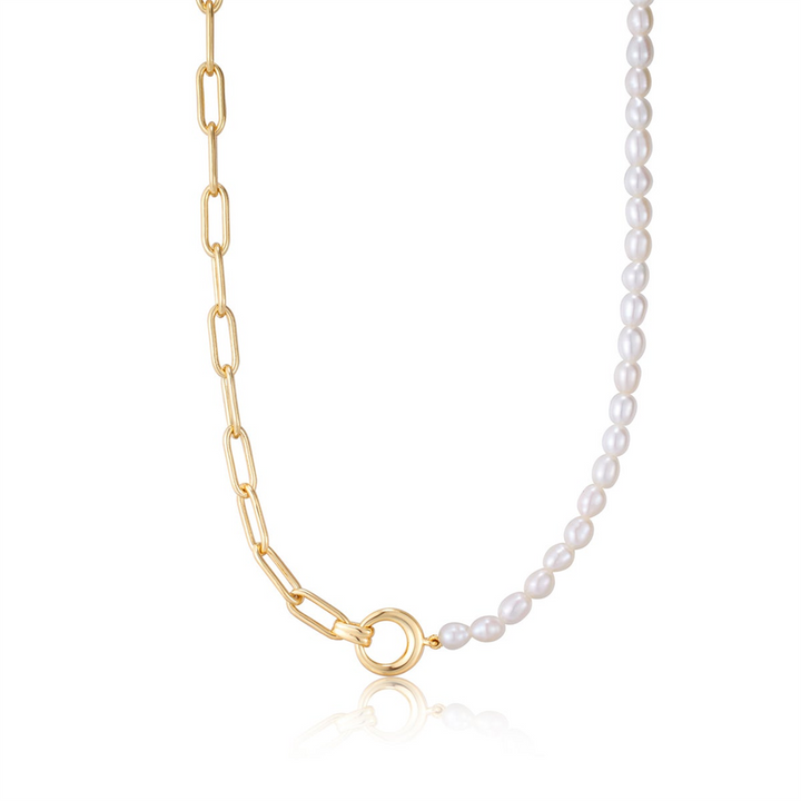 Gold Plated Pearl Strand & Paperclip Chain Necklace by Ania Haie