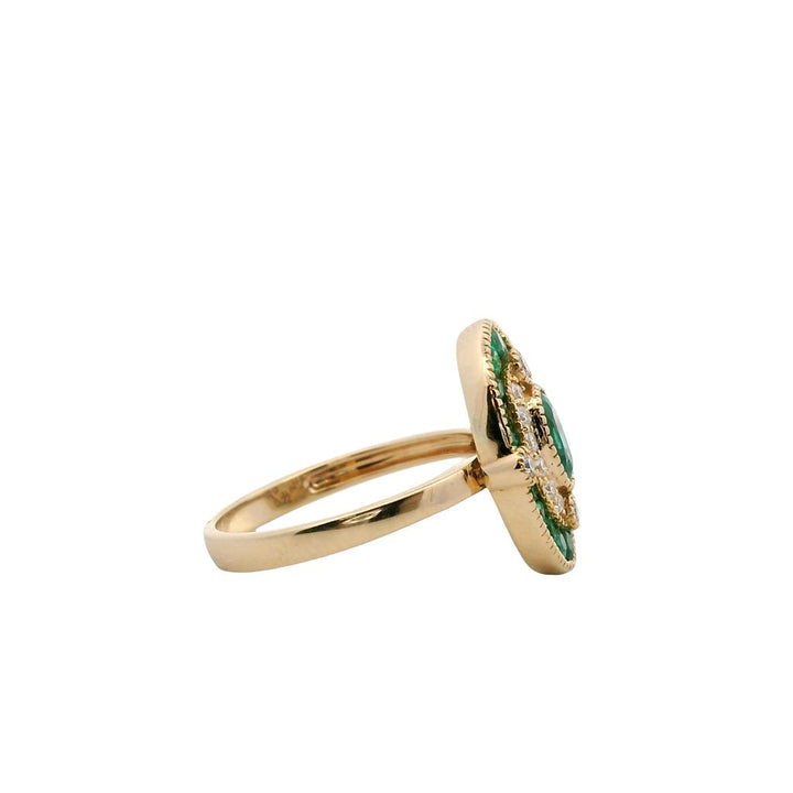 14K Yellow Gold Emerald Diamond Double Halo Ring