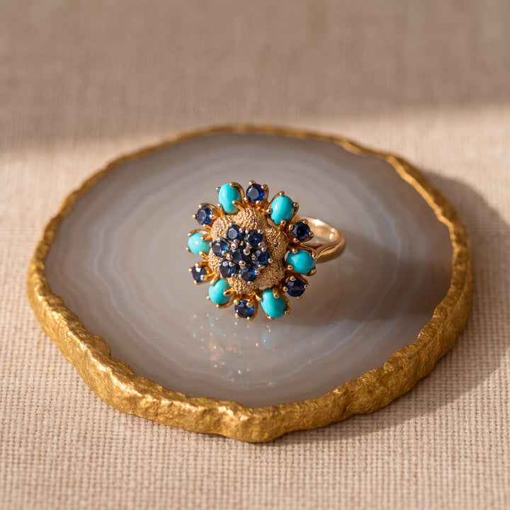 Estate Mid-Century 14K Yellow Gold Blue Sapphire & Turquoise Cluster Floral Ring