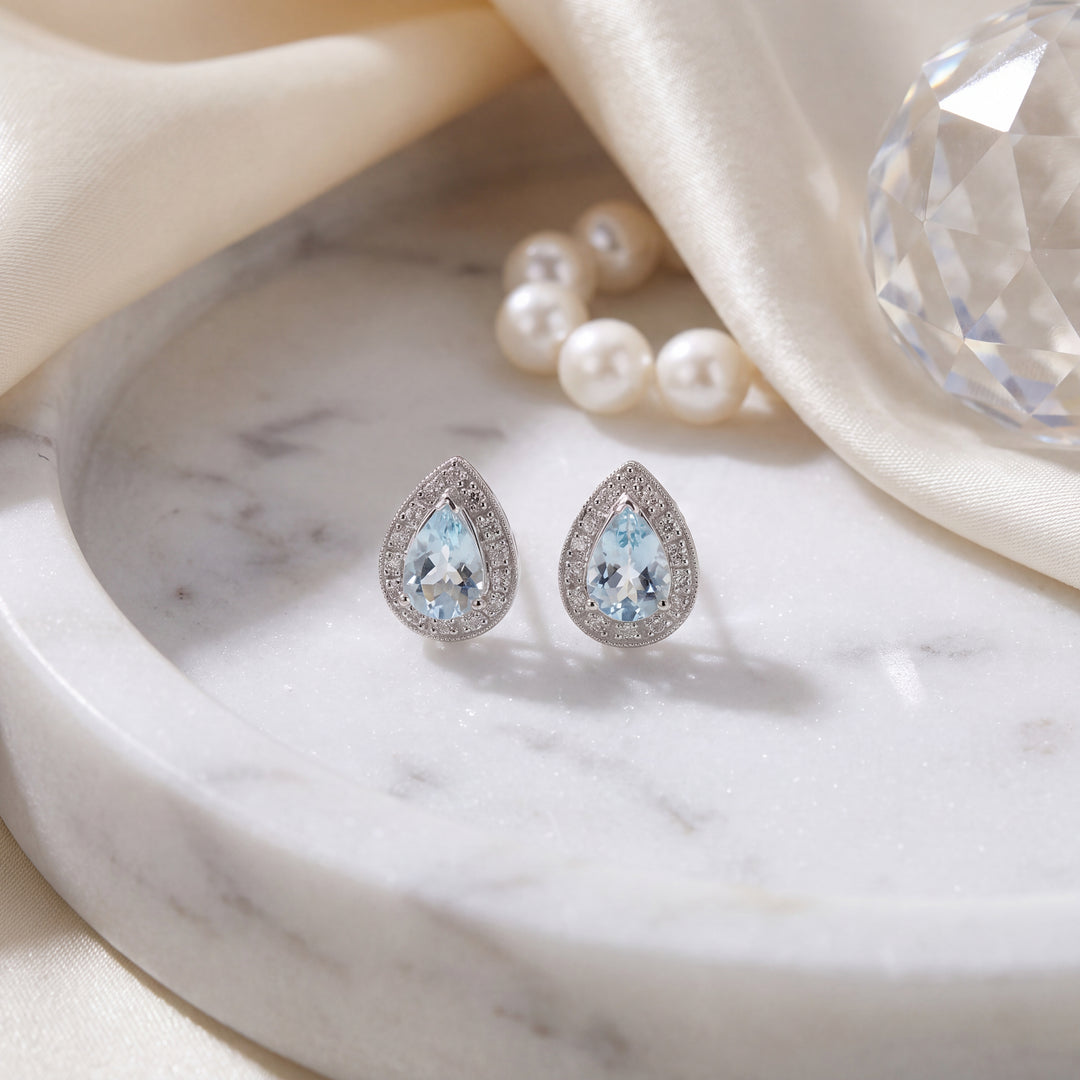 Estate 14KT White Gold Pear Aquamarine & Diamond Cluster Studs