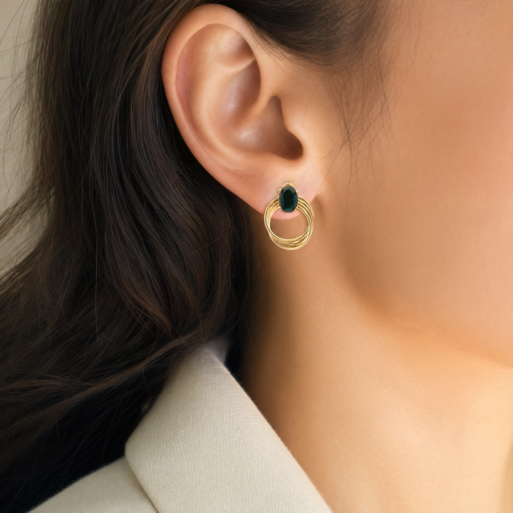 Estate 14K Yellow Gold 3.00CTW Oval Sapphire Multi-Tube Hoop Stud Earrings