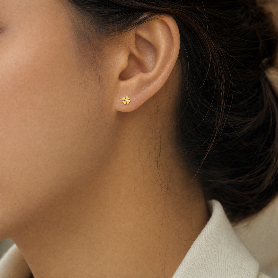 14K Yellow Gold Vermeil Mini Four Leaf Clover Stud Earrings