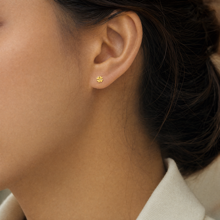 14K Yellow Gold Vermeil Mini Four Leaf Clover Stud Earrings