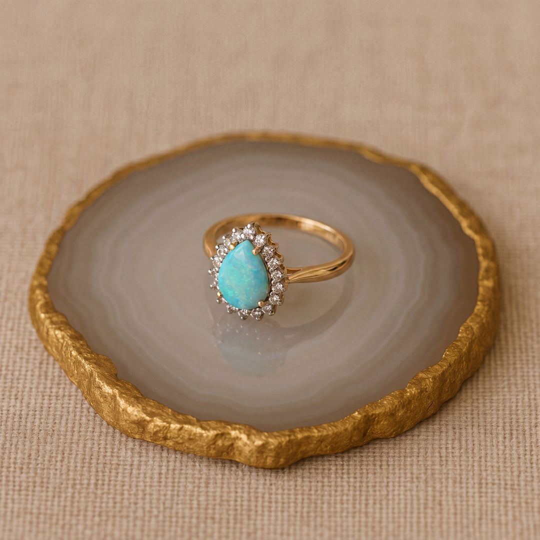 Estate 14K Yellow Gold Pear Cabochon Opal & Diamond Halo Ring