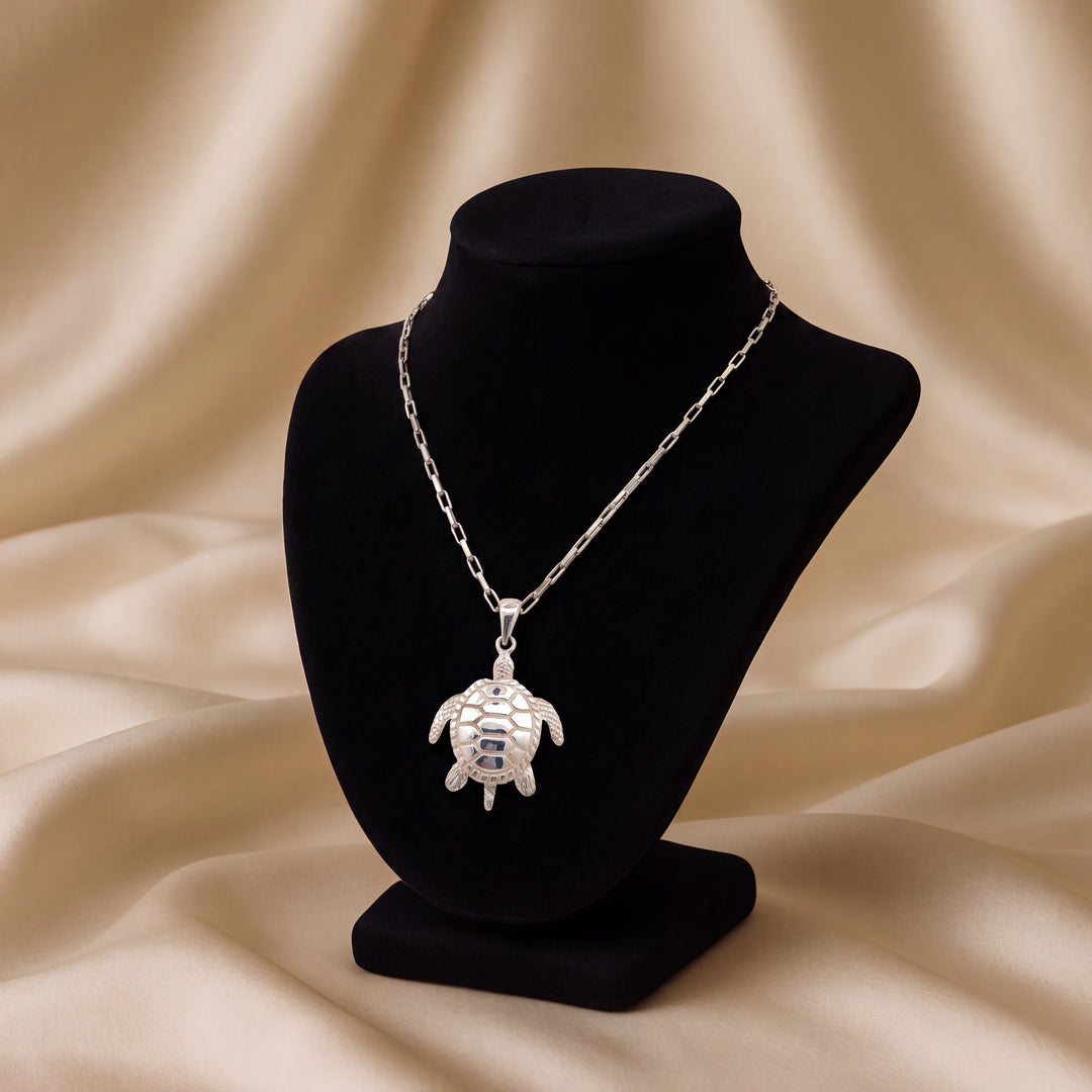 Estate Sterling Silver 3D Turtle Charm Pendant Necklace