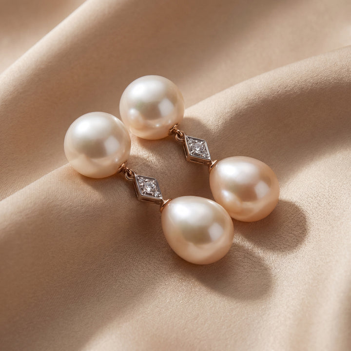 Estate 14K Yellow Gold Double Cultured Pearl & Diamond Drop Earrings