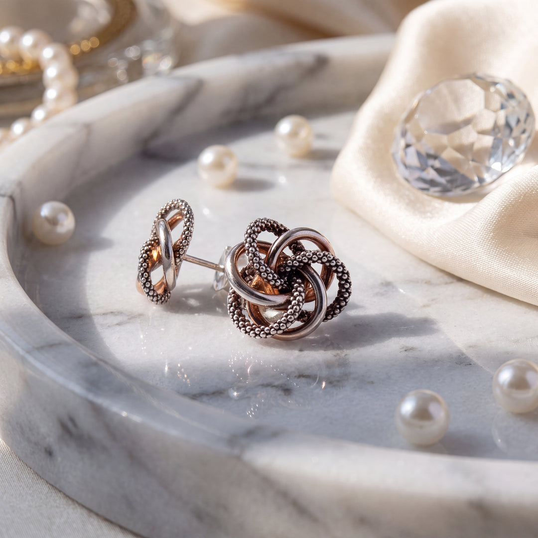 Estate Lagos Sterling Silver Love Knot Stud Earrings with 14K Yellow Gold Posts