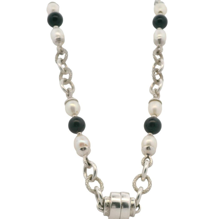 EST Sterling Silver ESPO Pearl & Onyx Bead Necklace 17.5"