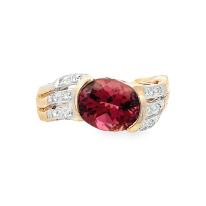 Estate 14K Yellow Gold 3.00CTW Oval Pink Tourmaline & Diamond Ring